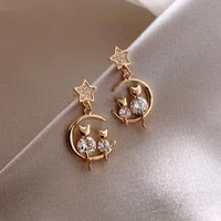 2022 new trendy crystal cute cat stud earrings for women fashion moon planet round water earring girl personality jewelry