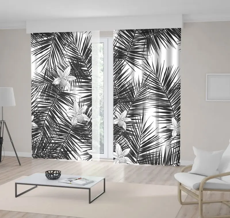 

Curtain Palm Tree Leaves and Orchid Flowers Tropical Nature Plants Black and White Floral Artwork