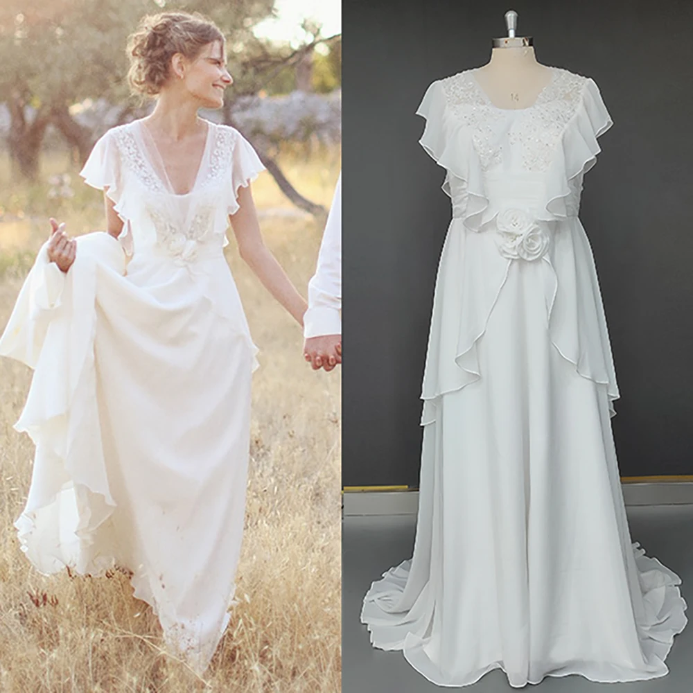 Chiffon Appliqued V-Neck Hiking Wedding Dress Beading Backless Plus Size Boho A Line Custom Made Flutter Sleeves Bridal Gown