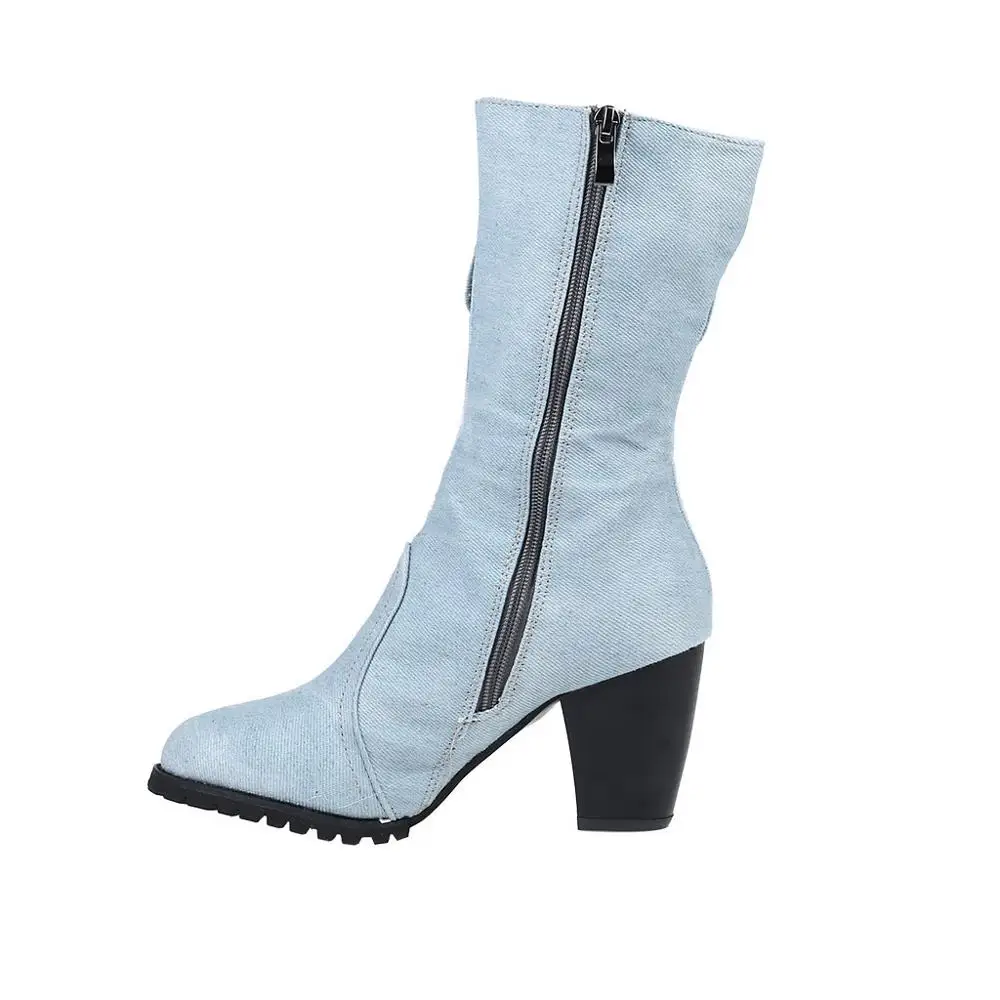 Light blue Женские однотонные ботинки в римском стиле на среднем каблуке женские ковбойские ботинки без шнуровки на не сужающемся книзу массивном среднем каблуке мотоботы, большие размеры - Цвет: Light blue