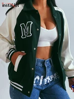 instahot women patchwork bomber jacket letter embroidery turn down collar spring oversize casual streetwear baseball uniform new