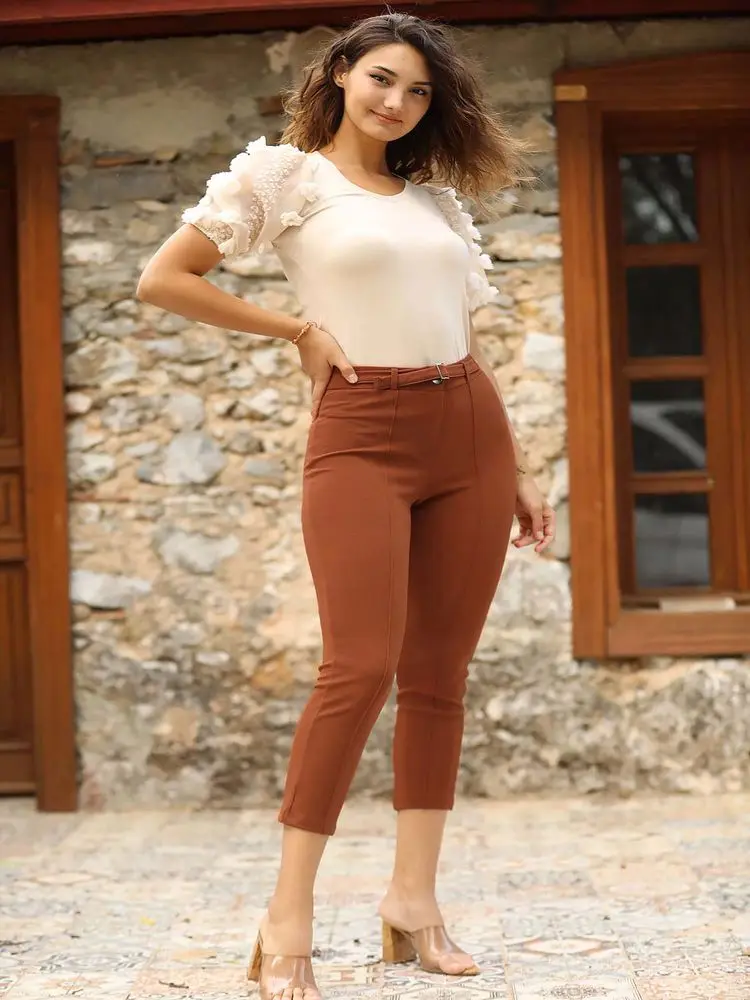 

Women's fashion solid color sashes casual slim pants stylish business pants women zipper pantalones mujer retro belted pants