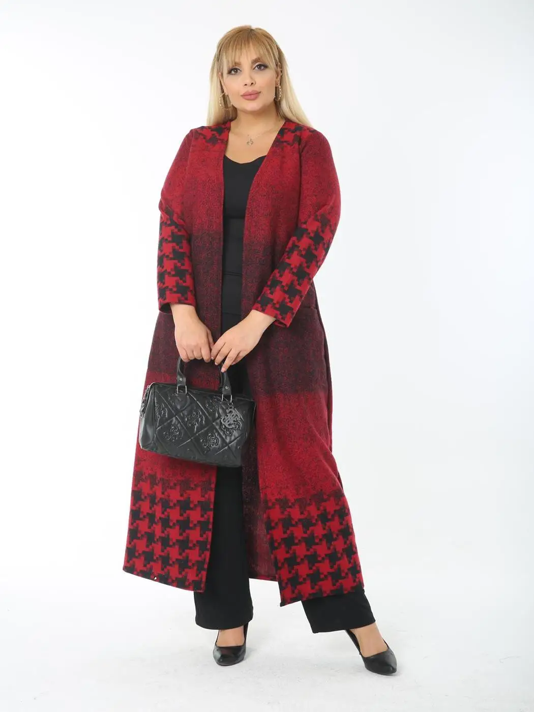 Plus Size Women's Outwear Long Cardigan 2022 Autumn Spring Multicolor Plaid Cotton V-Neck Open Stitch 2XL 3XL 4XL Made in Turkey