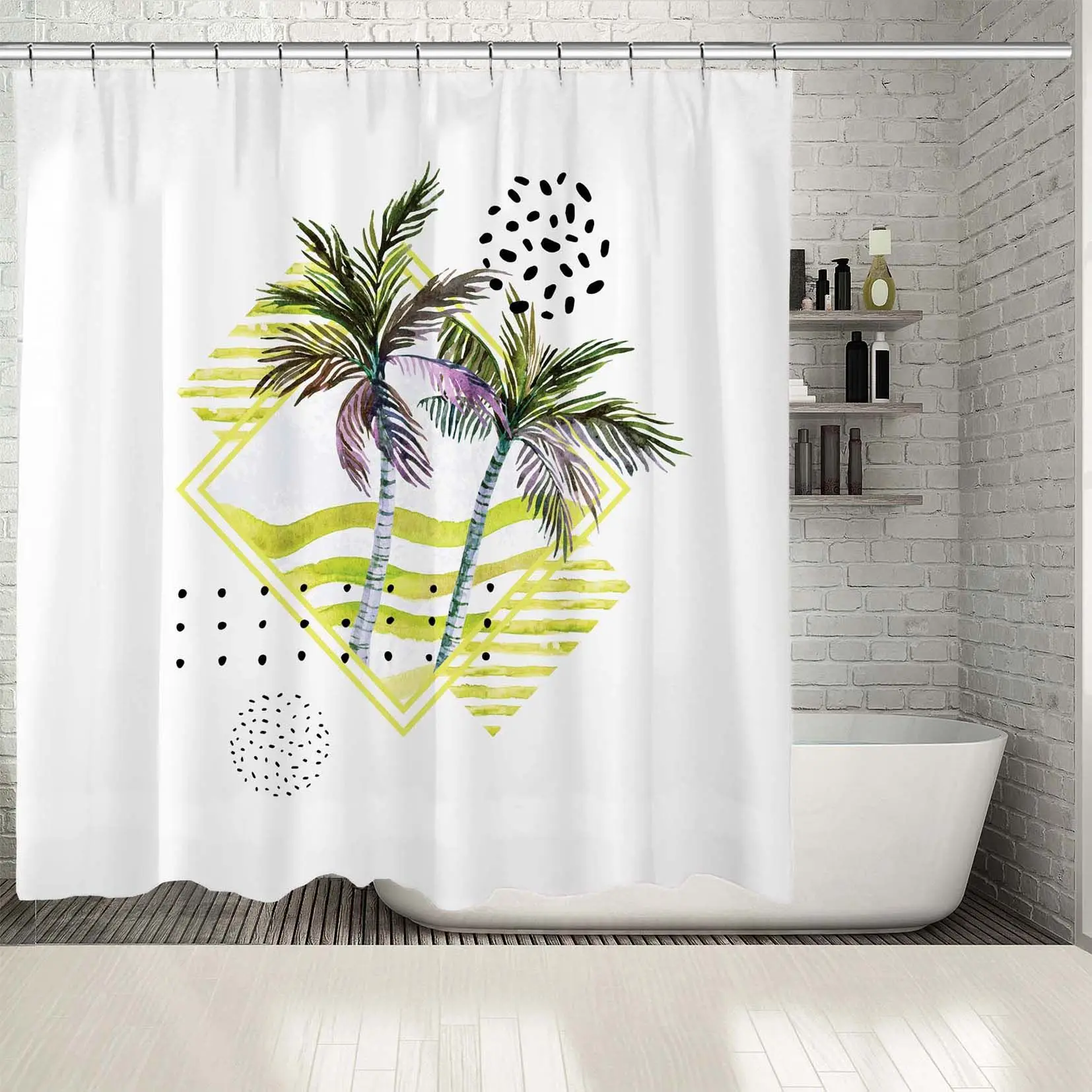 Занавеска для душа морские волны тропические пальмы листья чайки птицы и