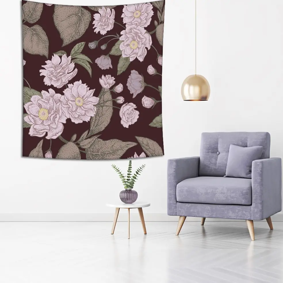 Tapestry Floral Pattern with Leaves Flowers and Branches on Burgundy Background Vintage Artwork Lilac Green | Дом и сад