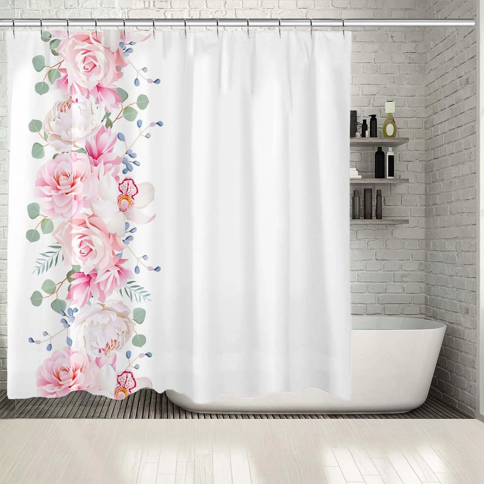 Занавеска для душа Вертикальная гирлянда с камелии Роза Пион Орхидея и эвкалипта