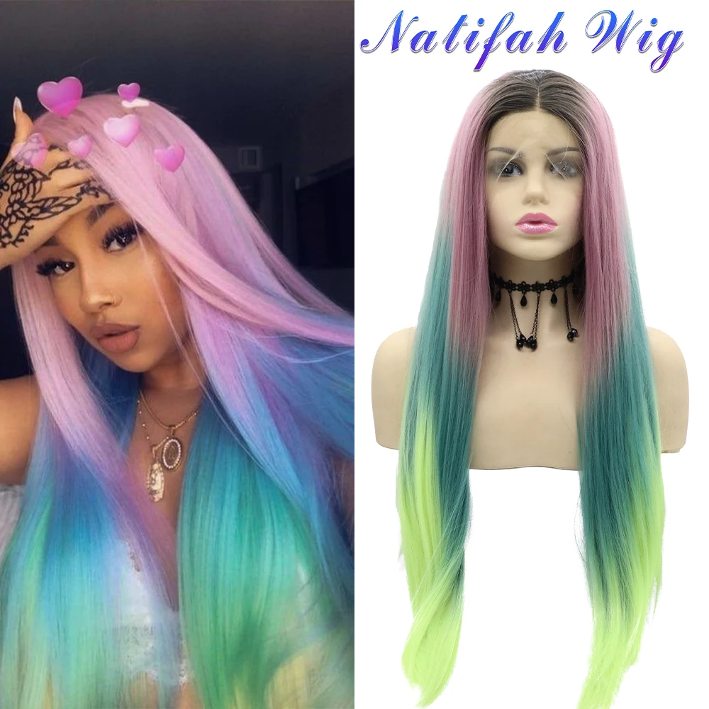 Highlight Rainbow Colour Wig Synthetic Lace Front Wigs for Women Long Wave Straight Lace Wig Heat Resistant Women's Wig