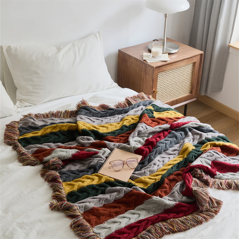

REGINA Super Fairy Chic Elegant Wool Blanket Crochet Contrast Color Plaid Home Decor Wearable Fringes Tassel Edge Picnic Blanket