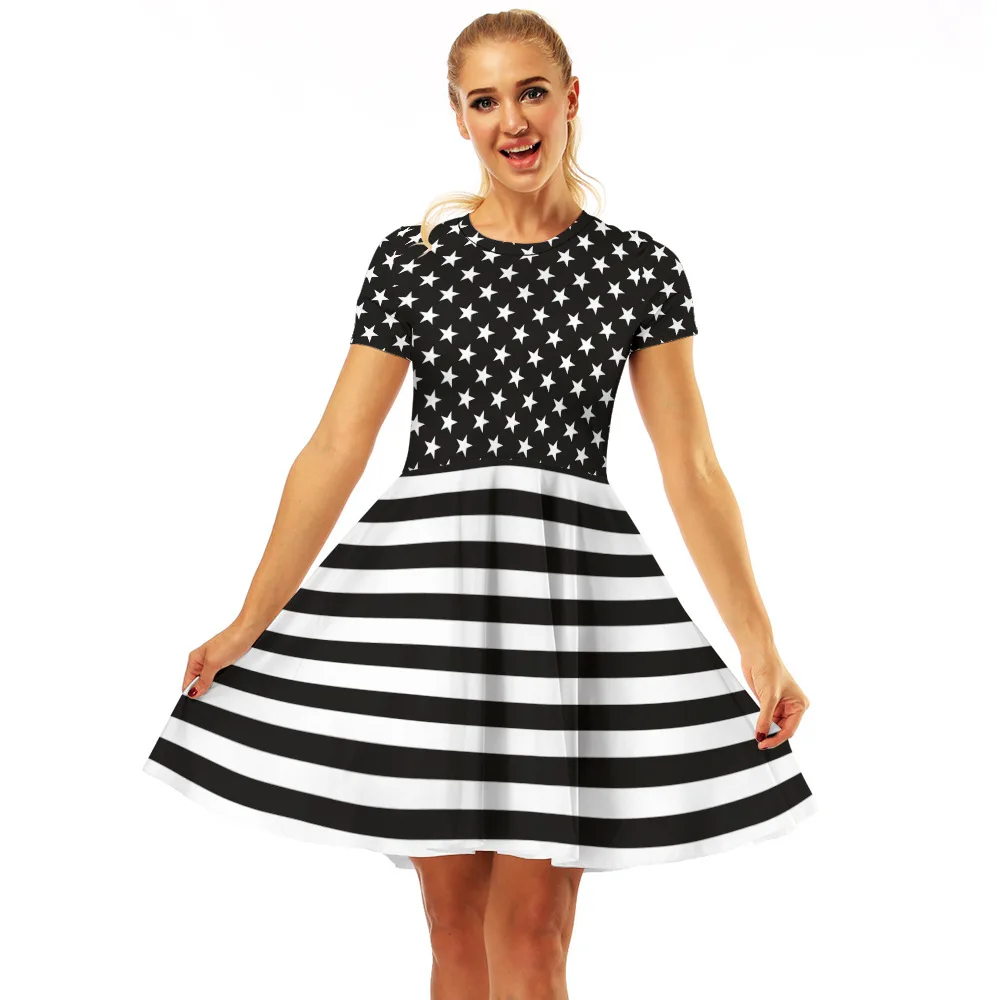 TMWEVN Digital Printed O-neck Pleated Dress Short Sleeve | Женская одежда