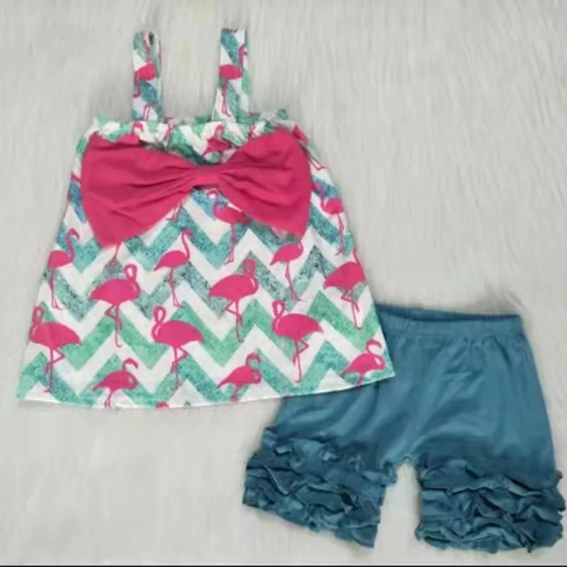 

children clothes girl little sleeveless flamingo top and blue shorts toddler outfit two piece set kids summer outfit clothing
