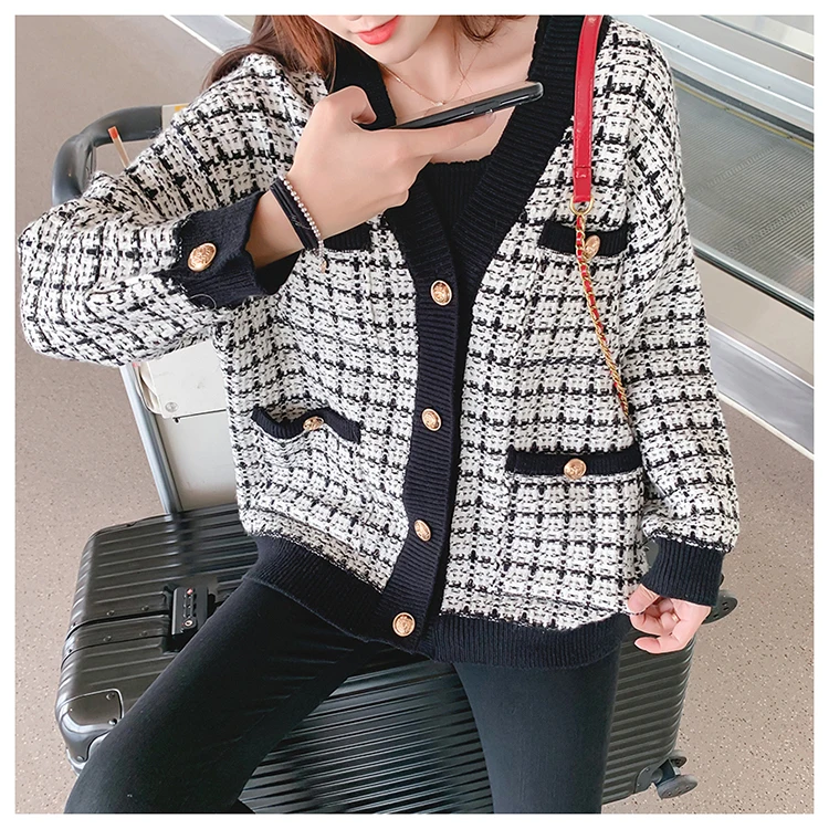Obrix Plaid Pattern Sweet Office Lady Female Cardigan V-Neck Full Sleeve Loose Pockets Buttons For Women