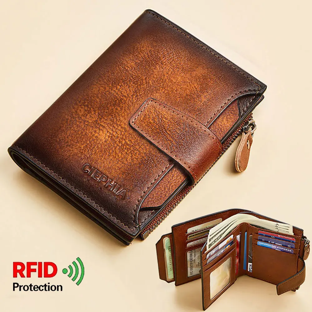 Men's Genuine Leather Wallet Vintage Short Multi Function Business Card Holder RFID Blocking Zipper Coin Pocket Money Clip