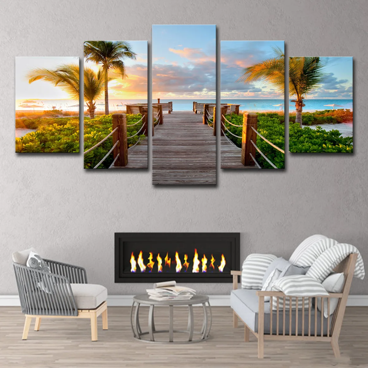 

Home poster decoration picture canvas wall art frame 5 panels Oil Painting Living Room Sunset Beach Bridge Palm Tree Sea View