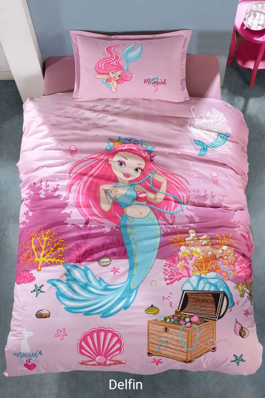 

Clasy Delfin Mermaid Bed Linen Set, Duvet Cover 160x220, Bed Sheet 180x240, Pillowcase 50x70, Euro Size, 100% Cotton