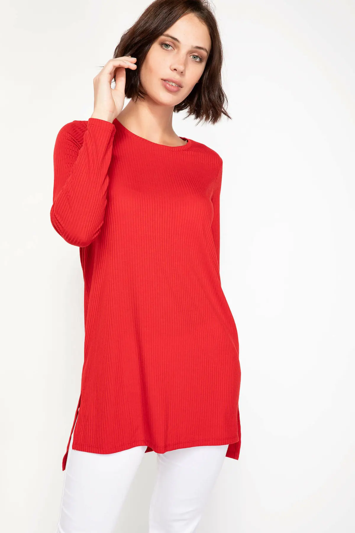 DeFacto женские осенние одноцветные Длинные Топы Женские повседневные топы красные