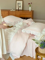 princess style luxury bedding set lace stitching pink duvet cover 220x240 euro double bed linen sheet set queen king size 34pcs