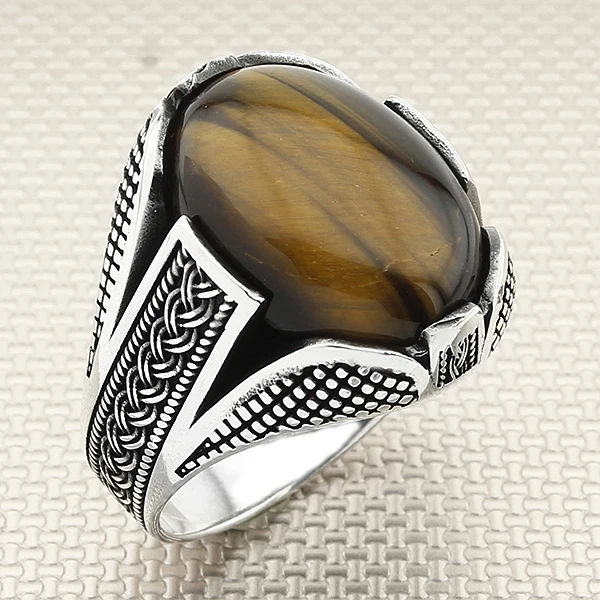 

Knit Patterned Oval Stone Tiger's Eye Gemstone Men 925 Sterling Silver Classy Ring Jewellery Gemstone Handmade Silver Ring