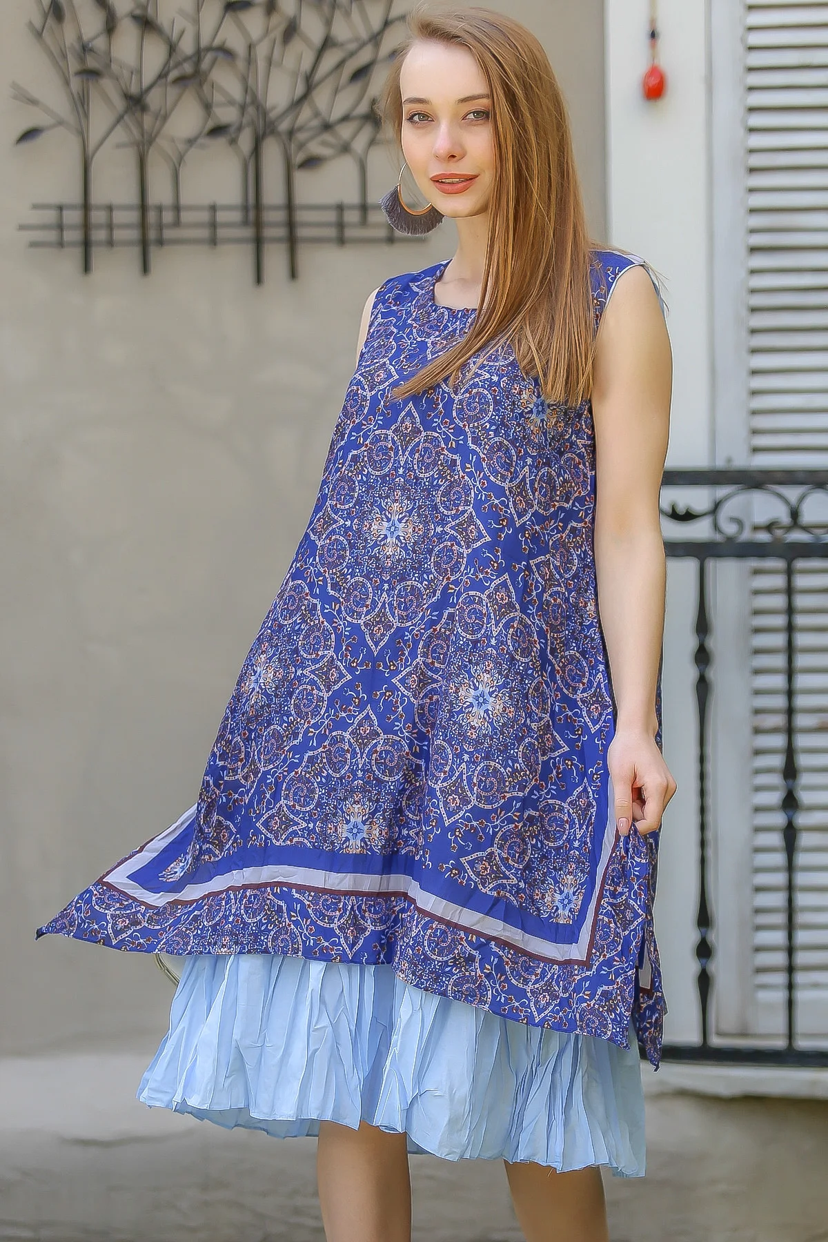 Марлевое платье без рукавов с винтажным рисунком мандалы | Женская одежда