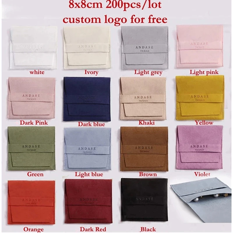 200pcs Customized Micro Suede Pouches Custom Logo Gift Bag Jewelries Pouch Microfiber Envelope Fodable Storage Bags