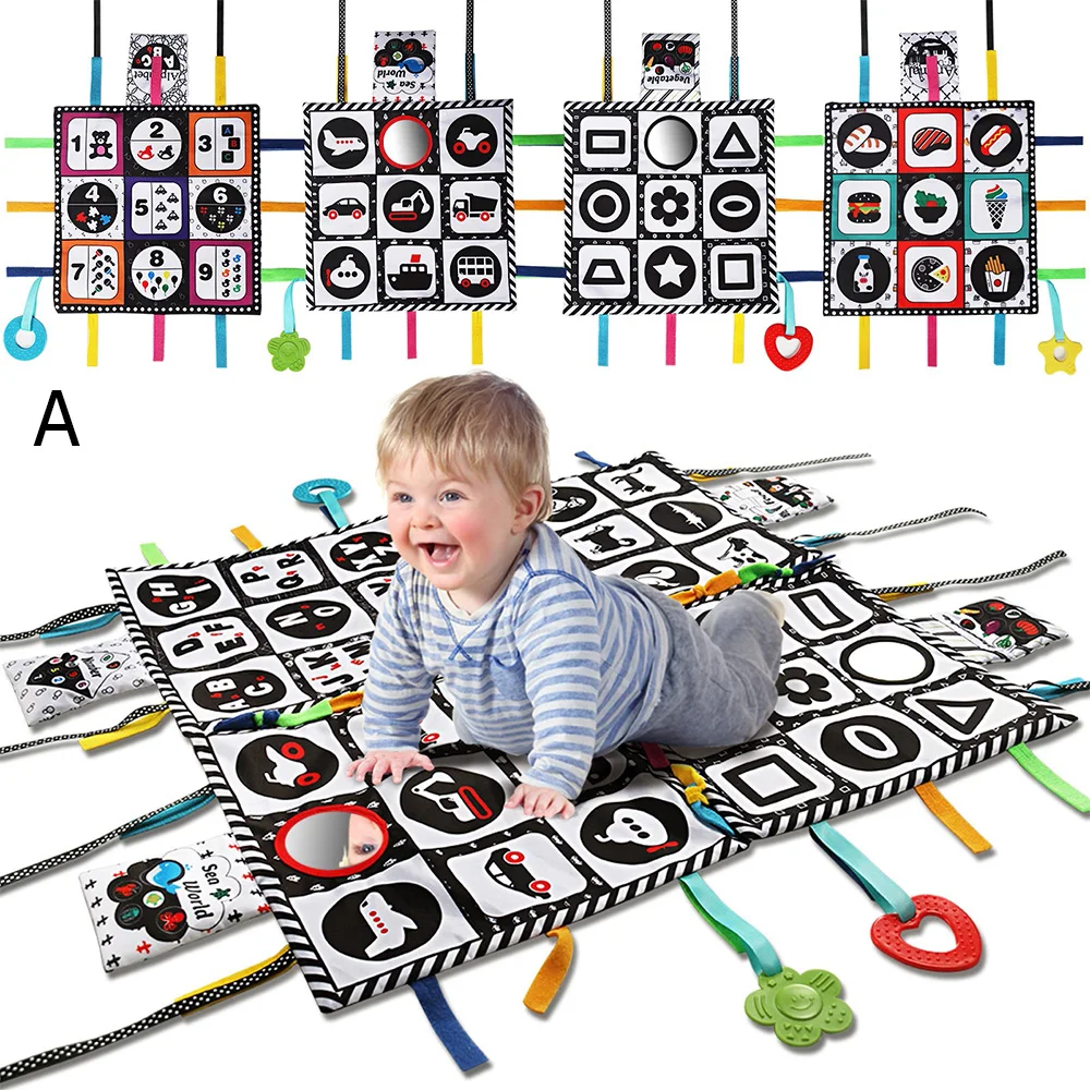 

teytoy Tummy Time Floor Mirror, Double High Contrast Pat Activity Mat Black and White Baby Crinkle Toys with Teether -Pack of 4