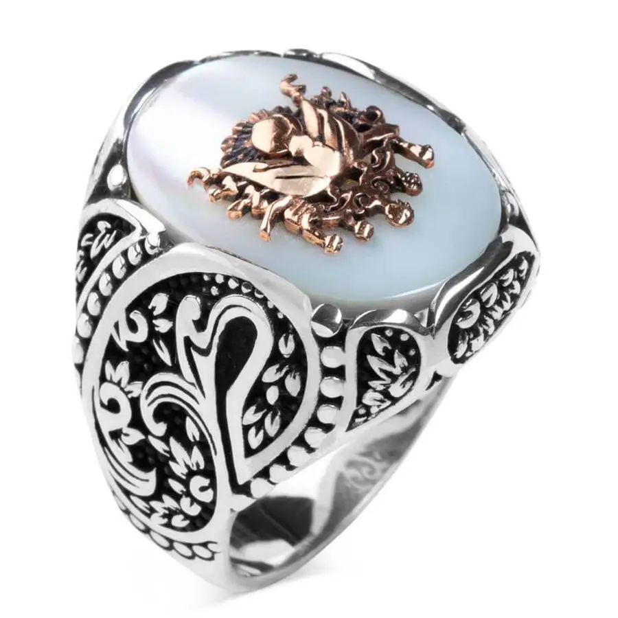 Ottoman Coat of Arms Mother White Pearl Stone 925 Sterling Silver Ring for Men ring | Украшения и аксессуары