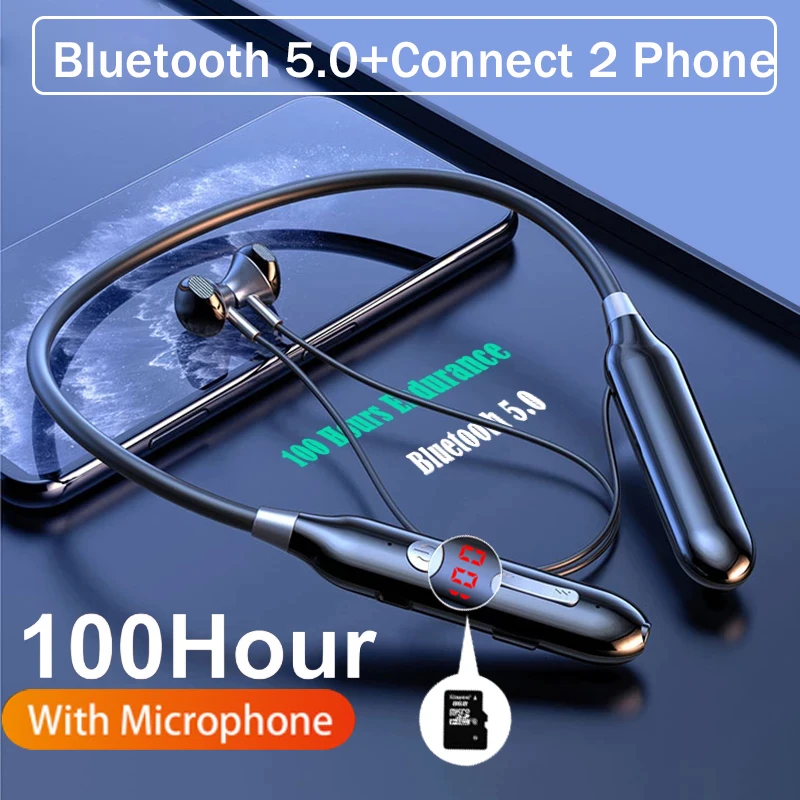 

100 hours Bluetooth Bass In Ear Wireless Headset Magnetic Neckband Sports Running Earphone Earplug Waterproof Noise Canceling