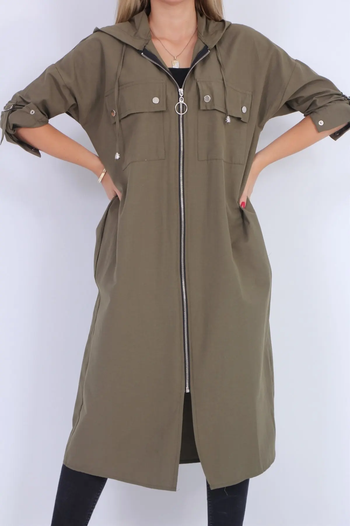 

Women's Autumn Khaki Front Zipper Trench Coat Desigual Fashion 2021 Made in Turkey
