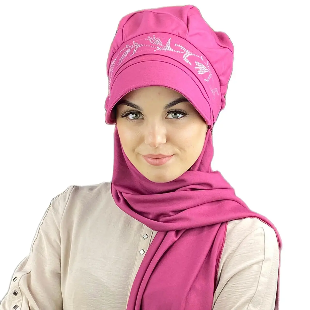 

Tulip Pattern White Cubic Zirconia Dark Pink New Fashion Islamic Muslim Women Scarf 2021 Trend Hijab Which Are Immediately Ready Clothing Hat bone