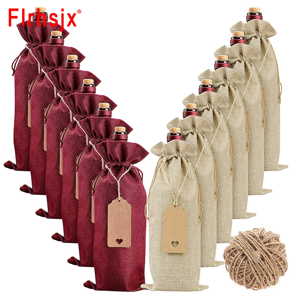 

12Pcs Burlap Wine Bags Wine Gift Bags Multicolor Wine Bottle Bags for Christmas Wedding Birthday with Drawstrings Tags&Ropes