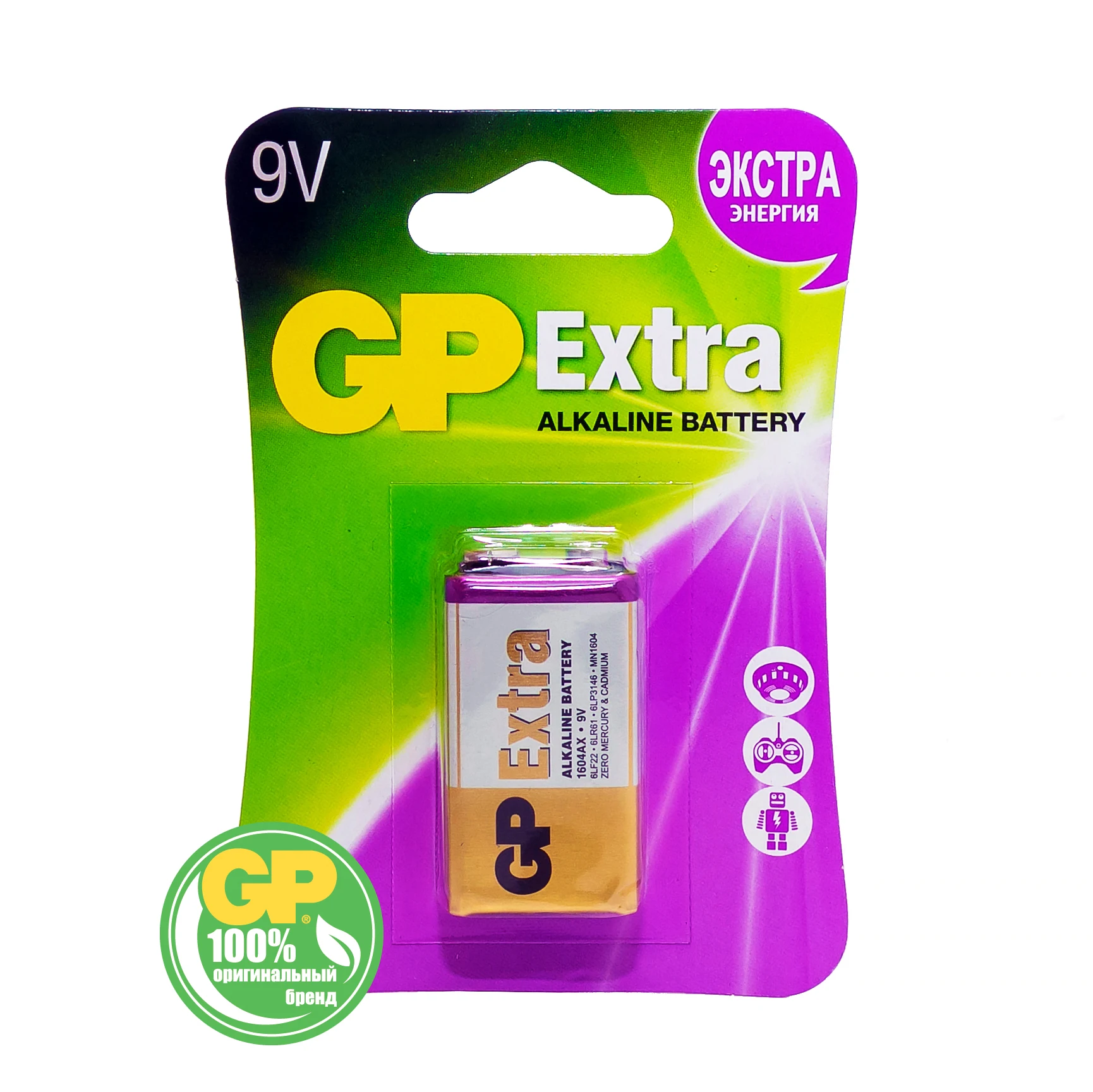 Батарейка GP Extra Alkaline 1604 (Крона 9V) 1 шт (1604AXNEW-5CR1) | Электроника
