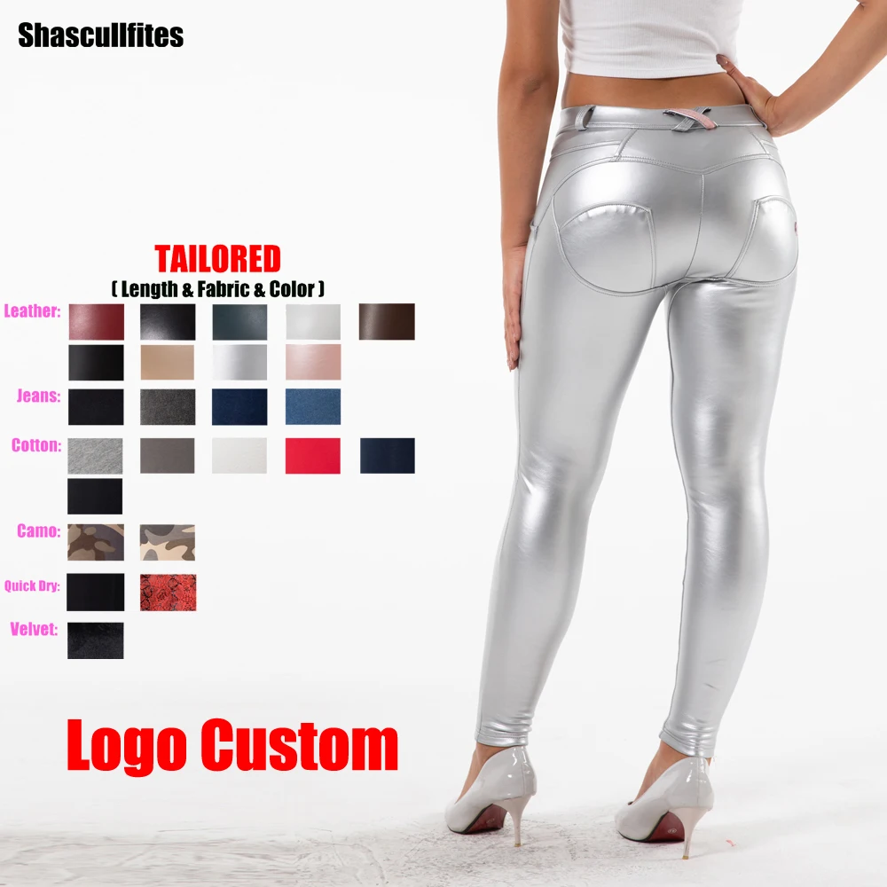Shascullfites Melody Tailored Pants Women Logo Custom Silver Pants Middle Waist Leather Leggings Bum Lift Leggings