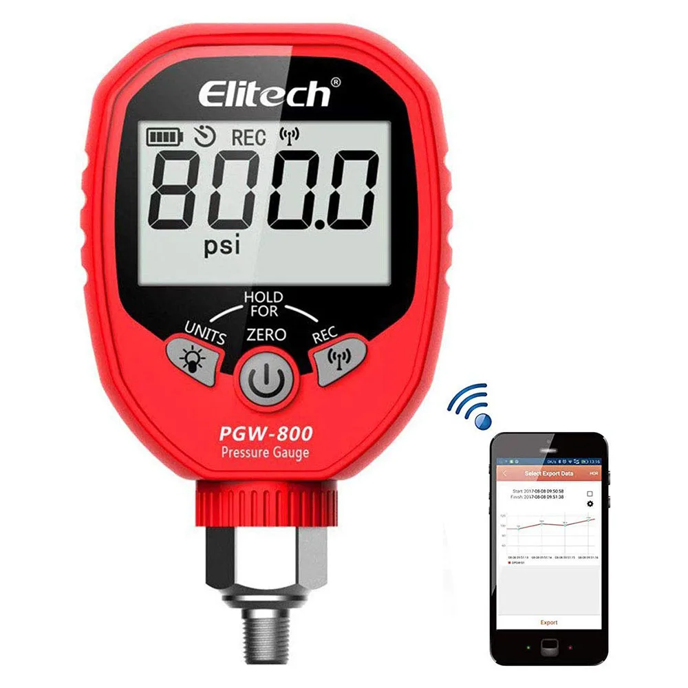 

Elitech PGW-800 Wireless Digital Pressure Gauge Temperature App Alerts for HVAC System IP65 Waterproof -14.5~800 PSI 1/8'' NPT