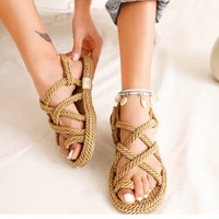women summer straw rope mesh rome sandals cross tied flat base sea beach casual light coolest multi elegant design flip flop trend fashion luxury high quality handmade bohemian ethnic natural lady shoes 2021