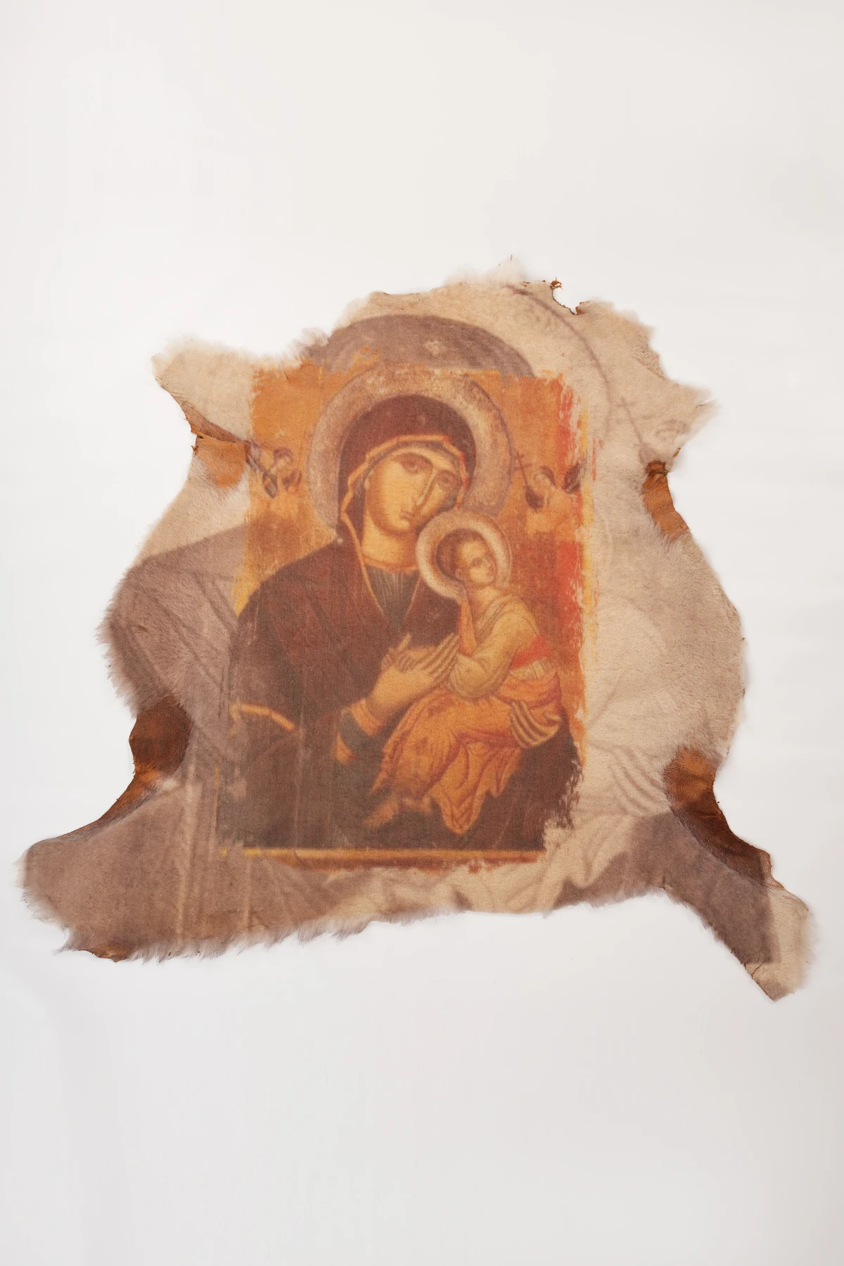 

Religious Virgin Mary Jesus Hand Painting On Natural Leather Fur Christian Mural Picture Living Room Decoration Frameless Carpet