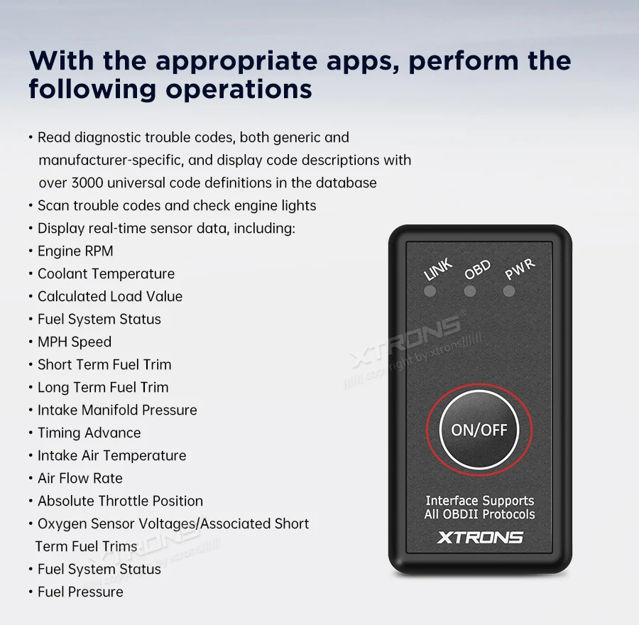 XTRONS OBD01S Bluetooth OBD2 автомобильный диагностический сканер инструмент ВКЛ/ВЫКЛ -