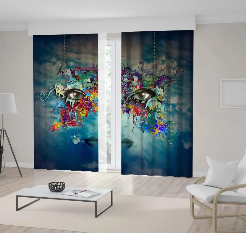 

Curtain Cloudy Sky Spring Floral Background with Woman Face Abstract Decorating Artwork Blue Purple Yellow