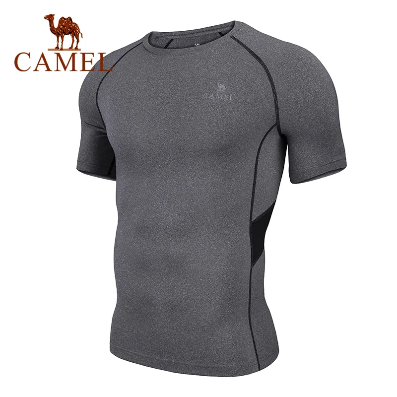 CAMEL Gym T-Shirts Dry Fit Men Sports Fitness Training Outdoor Workout Short Sleeve High Elastic Crossfit Tops Tights
