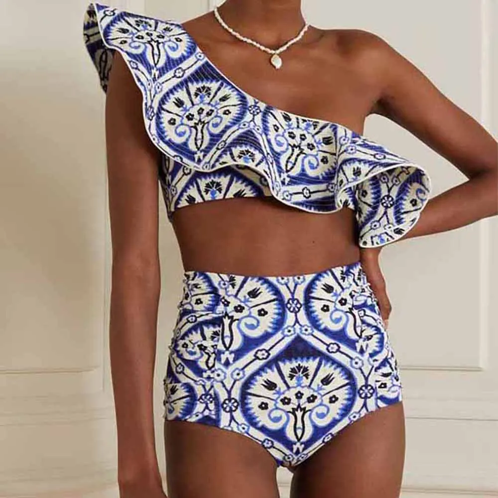

One-Shoulder Swimsuit Fashion Blue Ruched Printed Bikini High Waist Swimwear Bottom Beach Bathing Suit