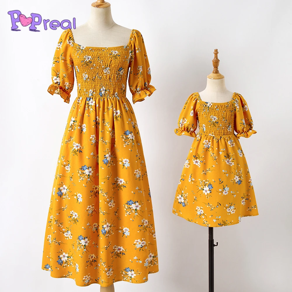 

PopReal Summer Mom And Daughter Dress Lacing Square Collar Girl Family Look Pleated Mother Kids Short Sleeve Dress