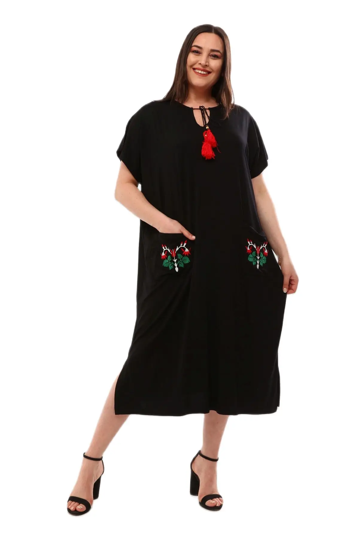 Women’s Plus Size Dress Flower Embroidery And Tassel Detail Wide Cut Comfortable, Designed and Made in Turkey, New Arrival