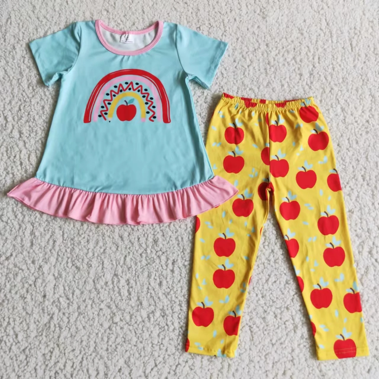 

spring kids clothes infant toddler baby clothing set children 2 piece outfit blue short sleeve top and apple pant outfit