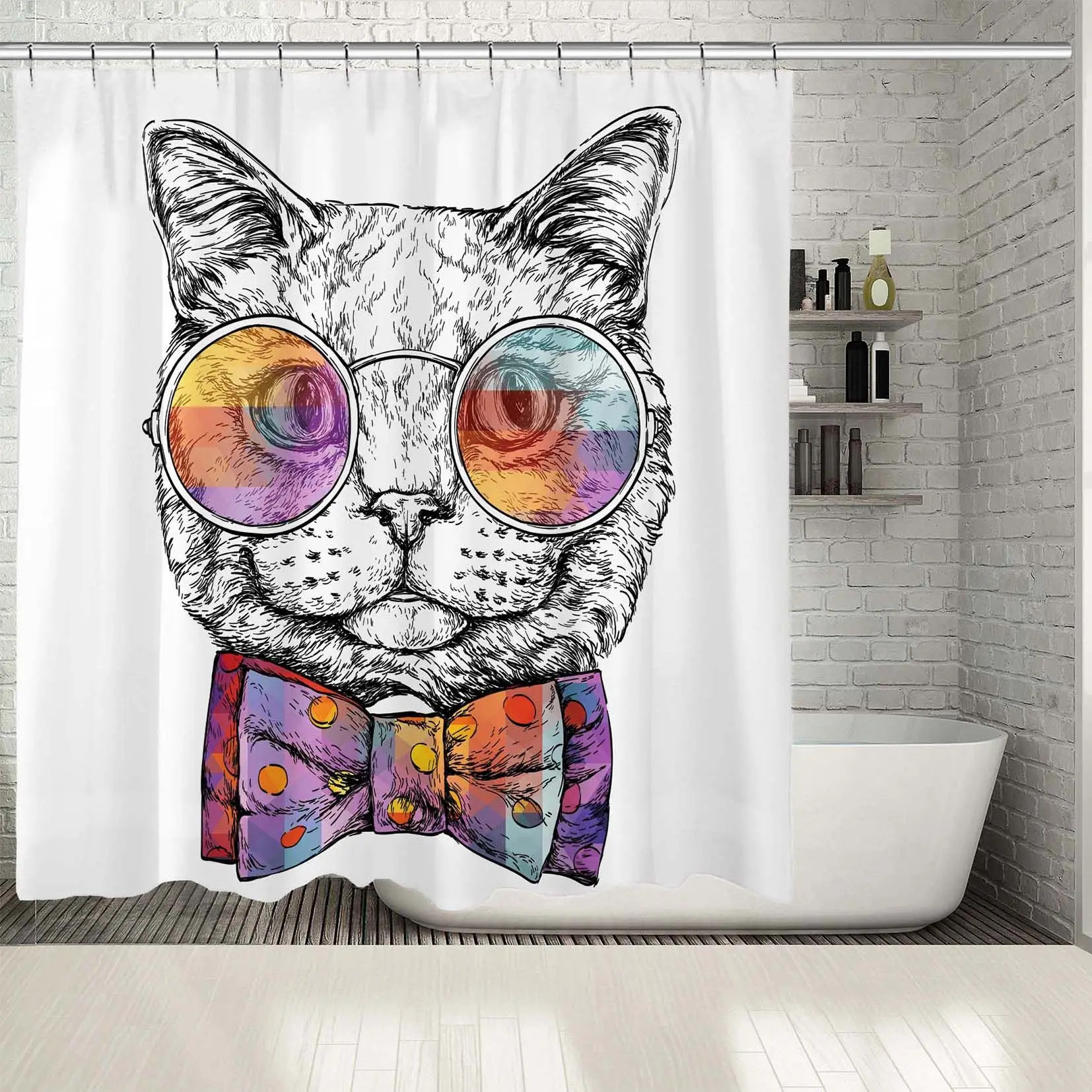 Занавеска для душа Умный кот в очках и галстуке-бабочке горошек модный значок