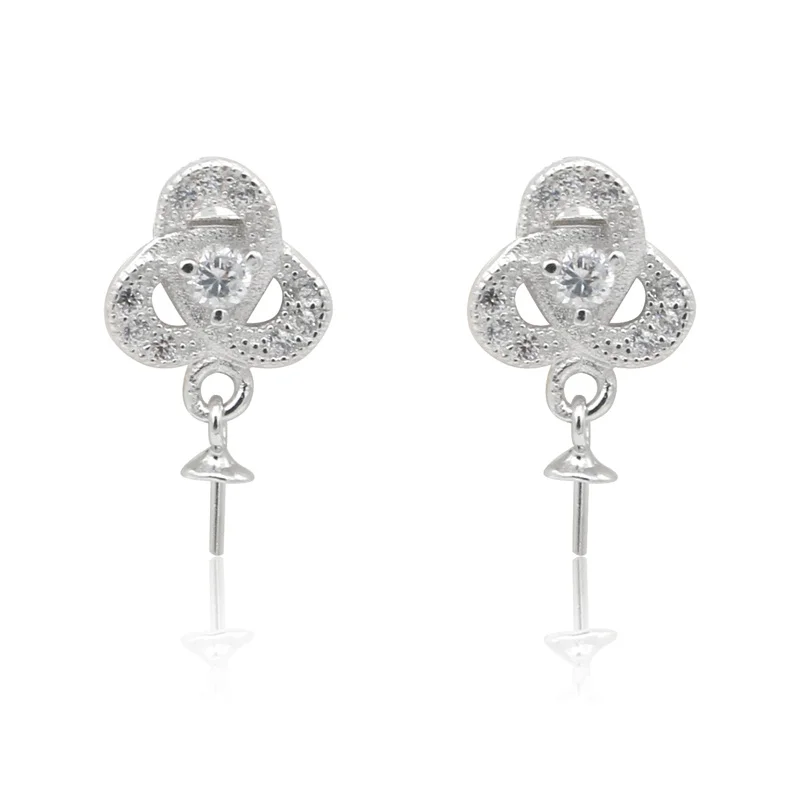 

4pcs 925 Sterling Silver 15x9mm Blank Flower Dangle Earring Settings Findings With Zirconia For Half-drilled Beads