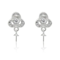 4pcs 925 sterling silver 15x9mm blank flower dangle earring settings findings with zirconia for half drilled beads