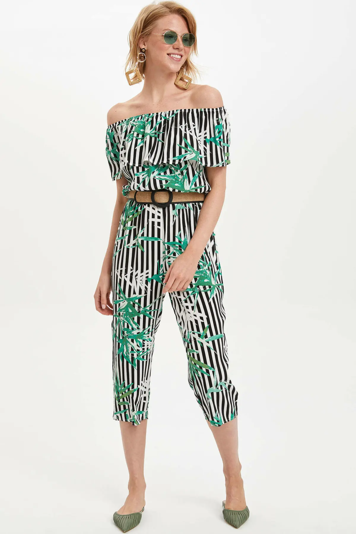 DeFacto сексуальный женский костюм с открытыми плечами черный белый полосатый