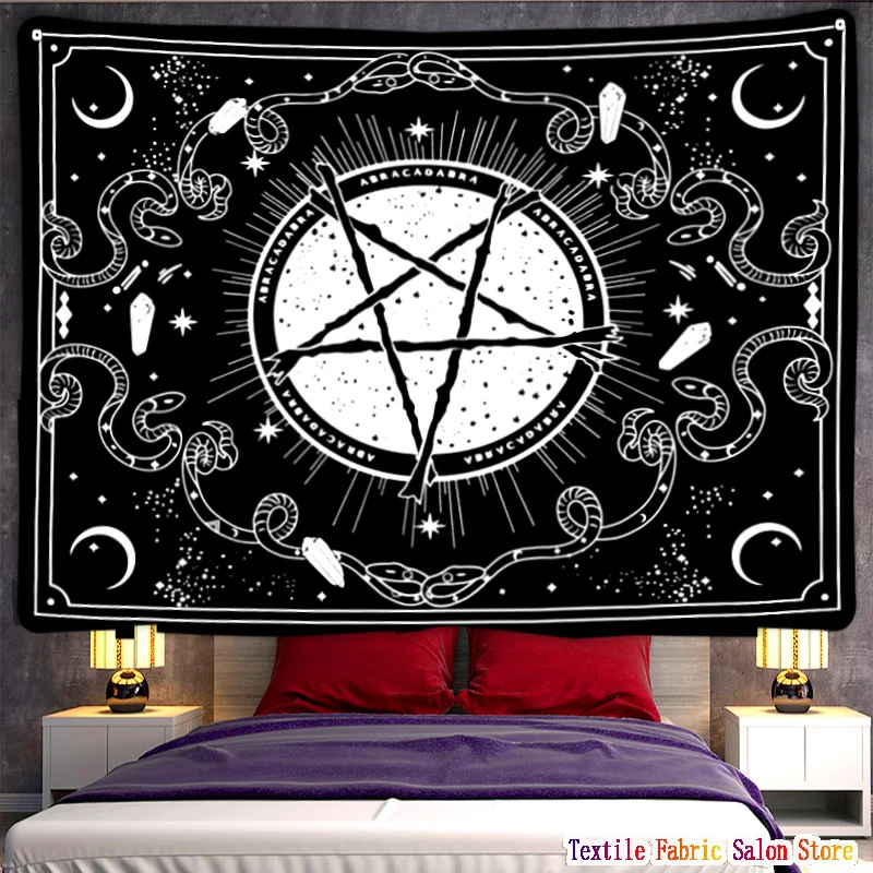 Gothic Witch Blessing Tapestry Wall Hanging Black White Prayer Wall With Moon Stars and Serpent Stone Bedroom Gothic Room Decor