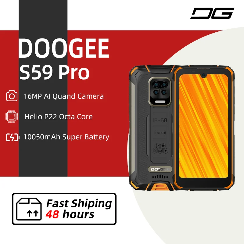 

Clearance DOOGEE S59 Pro Smartphone 10050mAh Super Battery IP68/IP69K 4+128GB NFC Rugged Smart Phone 2W Loud Volume Speaker