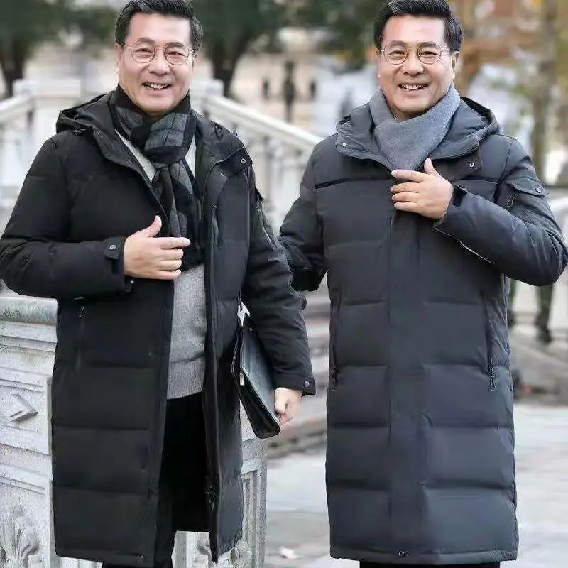 

Middle-aged and elderly down jacket men's winter new thickened long over-the-knee elderly winter coat middle-aged hooded dad out