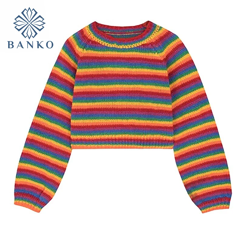 

Women Colorful Striped Rainbow Knitted Sweater 2020 Autumn Winter Korean Style Casual Long Sleeve Pullover female Crop Top