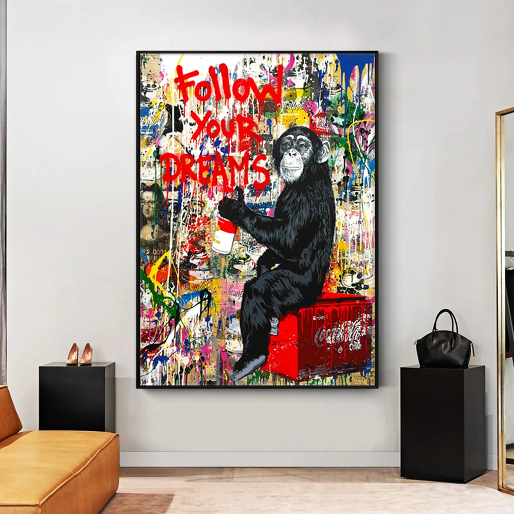 

Follow Your Dreams Smart Monkey Modern Wall Art Posters Pop Prints Abstract Street Art Graffiti Canvas Painting Home Decor Gift